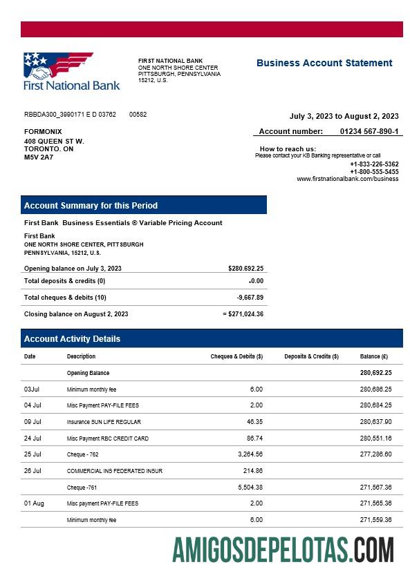 Em branco First National Bank Firm Statement modelo Word e PDF